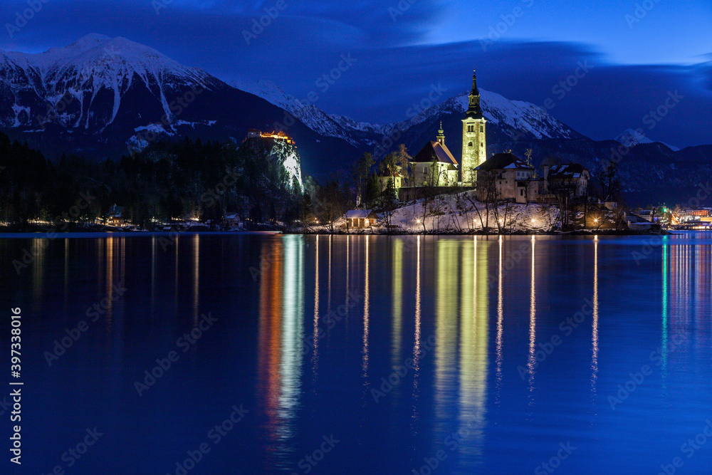 Lake Bled and illuminated Church of the Assumption Lake Bled and illuminated Church of the Assumption