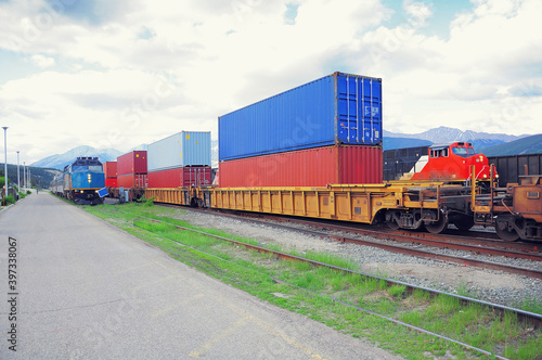 Freight comtainer train in Jasper. Alberta.