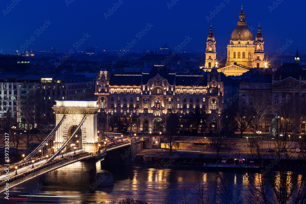 Illuminated cityscape with Chain Bridge and Saint Stephen's Basilica Illuminated cityscape with Chain Bridge and Saint Stephen's Basilica