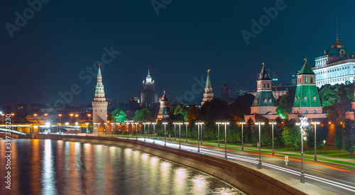 Kremlin embankment in Moscow and old historical buildings.