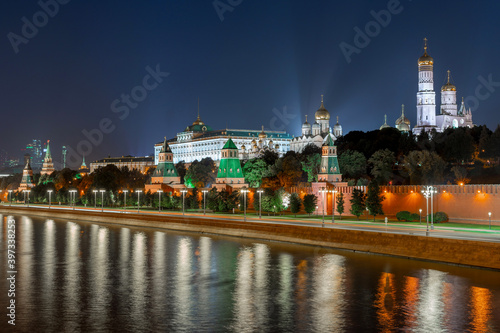 Kremlin embankment and wall in Moscow city by night