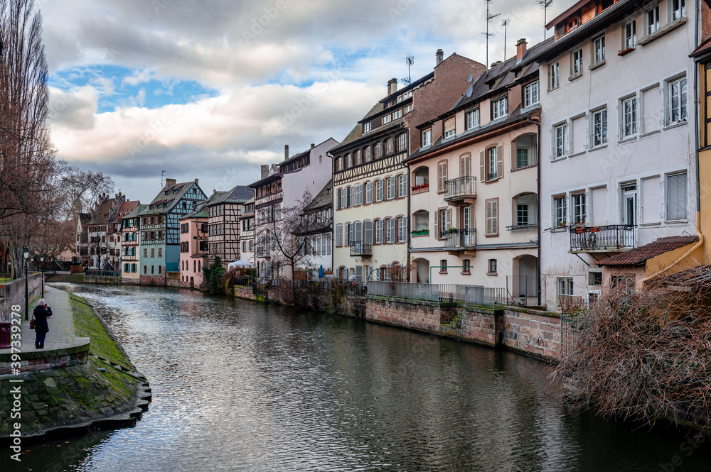 Half timbered houses in Little France, Strasbourg, France. Alsatian scenic landscape in the afternoon.