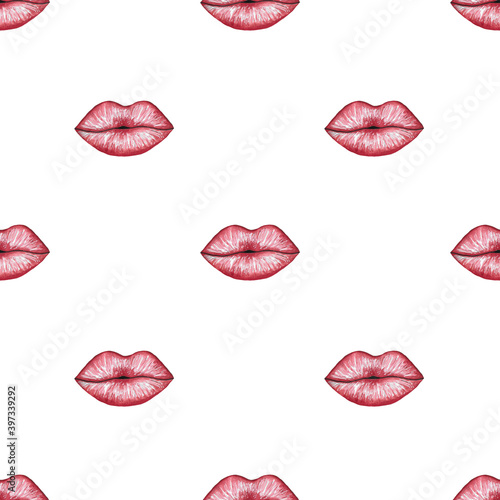 Pink lips Digital paper Watercolour hand-painted Seamless pattern background  wrapping paper  greeting card  fabric white