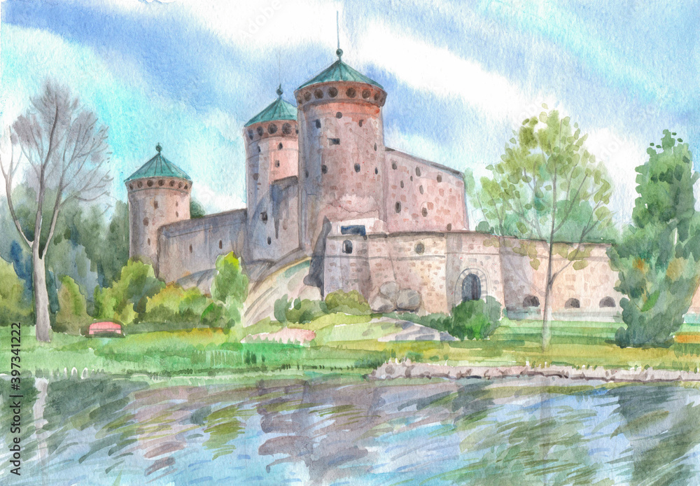 Olavinlinna (Olafsborg) medieval old fortress of the 15th century on a rock in a lake in Finland on a summer day, watercolor drawing.
