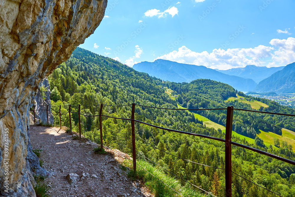 Fototapeta premium Mountain trail in the rock with a beautiful view. Predigtstuhl, Upper Austria. 
