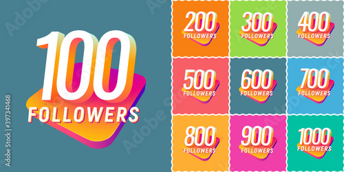 Set of numbers for followers vector illustration. Collections of icons with numbers for Celebrate of followers isolated design elements on different colors background