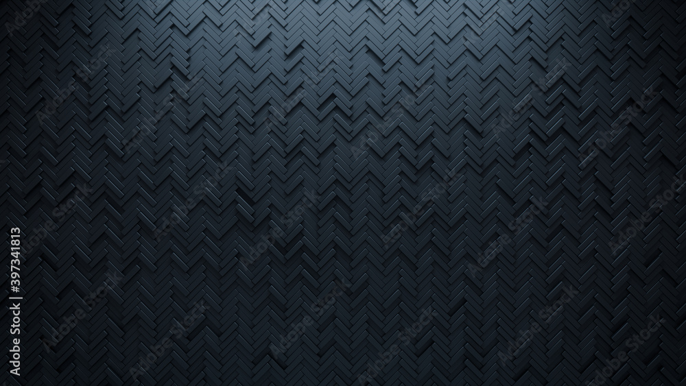 Futuristic, High Tech, dark background, with a herringbone block structure. Wall texture with a 3D parquet tile pattern. 3D render Futuristic, High Tech, dark background, with a herringbone block structure. Wall texture with a 3D parquet tile pattern. 3D render