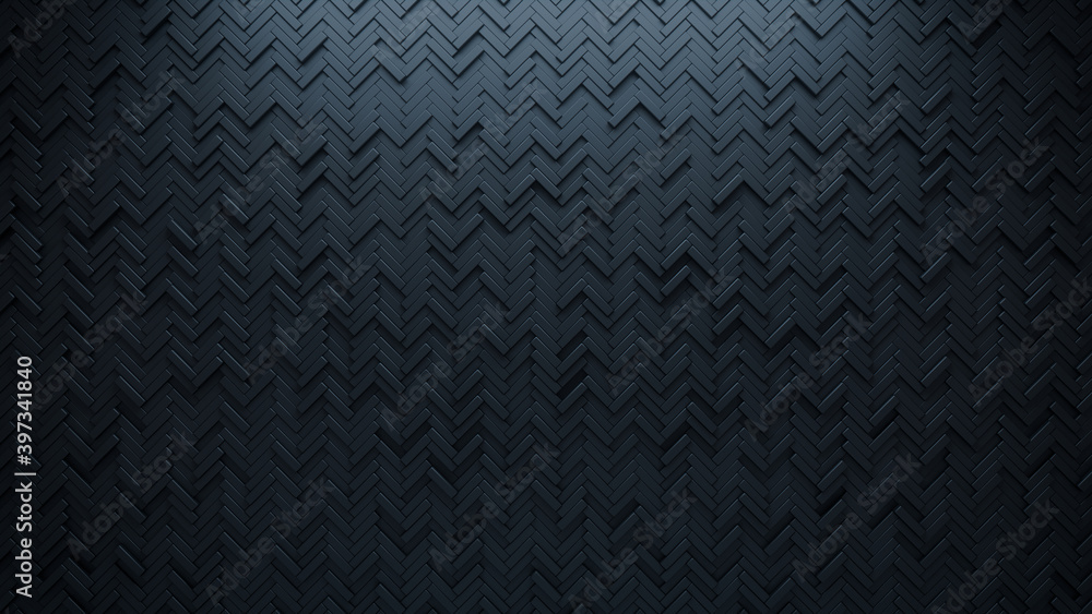 Futuristic, High Tech, dark background, with a herringbone block structure. Wall texture with a 3D parquet tile pattern. 3D render Futuristic, High Tech, dark background, with a herringbone block structure. Wall texture with a 3D parquet tile pattern. 3D render