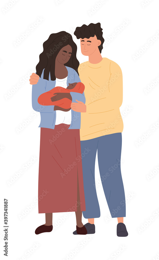 Concept of happy family. Mother and father holding newborn baby. Cartoon colorful characters. Concept of motherhood, maternity, parenthood. Flat cartoon vector illustration Concept of happy family. Mother and father holding newborn baby. Cartoon colorful characters. Concept of motherhood, maternity, parenthood. Flat cartoon vector illustration