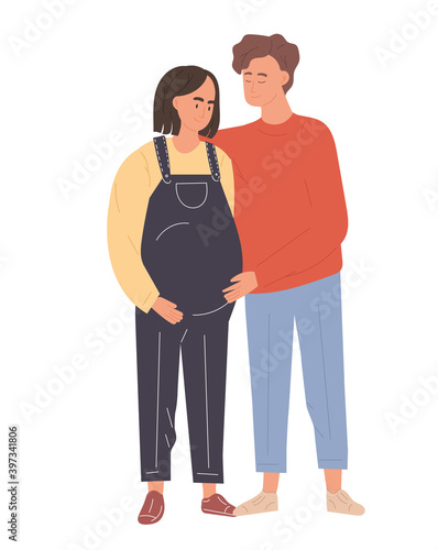 Couple of man and pregnant woman. Husband hugging his wife. Cartoon colorful characters. Concept of motherhood, maternity, parenthood. Flat cartoon vector illustration