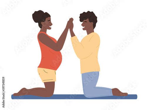 Couple of man and pregnant woman. People doing yoga on fitness mat. Cartoon colorful characters. Concept of motherhood, maternity, parenthood. Flat cartoon vector illustration
