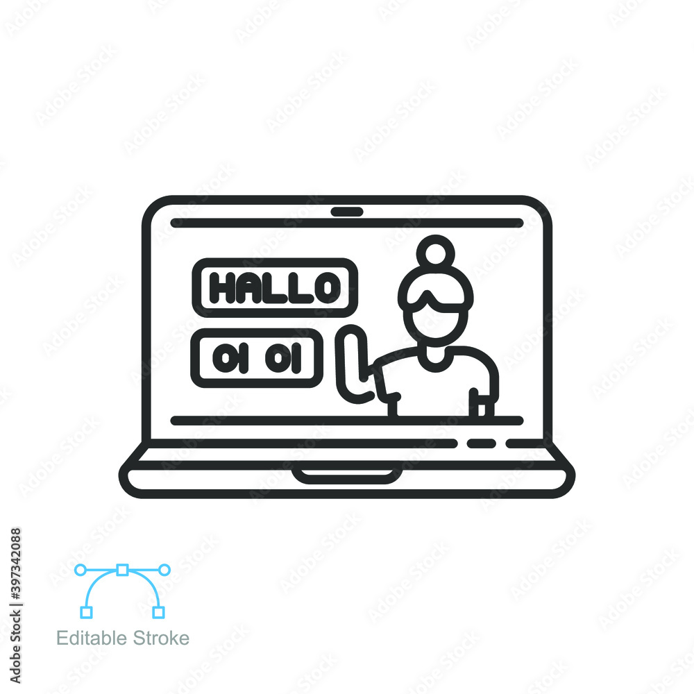 Online language tutoring line icon. Virtual learning of foreign languages. Distance education training with personal tutor course. Editable stroke vector illustration design on white background EPS 10 Online language tutoring line icon. Virtual learning of foreign languages. Distance education training with personal tutor course. Editable stroke vector illustration design on white background EPS 10