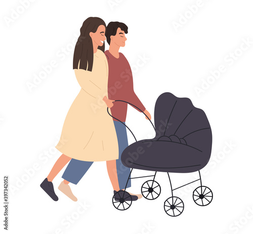 Couple of man and woman walking with stroller, baby carriage. Cartoon colorful characters. Concept of motherhood, maternity, parenthood. Flat cartoon vector illustration