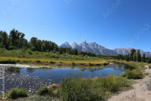 River in front of mountains