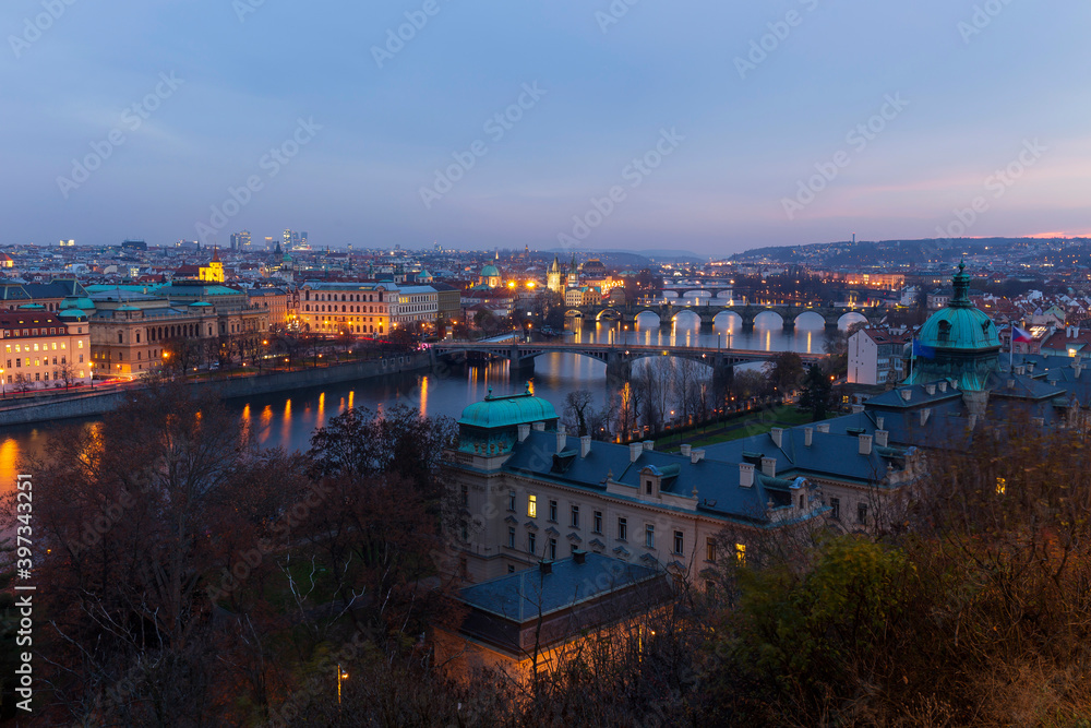 Night Prague City with its Cathedrals, Towers and Bridges in the Christmas Time, Czech Republic