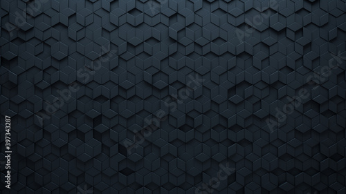 Futuristic, High Tech, dark background, with a diamond shape block structure. Wall texture with a 3D diamond tile pattern. 3D render photo