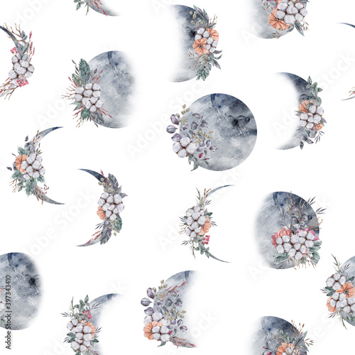 Watercolor moon phases and eucalyptus seamless pattern, digital paper. Winter Christmas illustration on white background. Can be used for packaging, wrapping paper, scrapbook paper, fabric, textile
