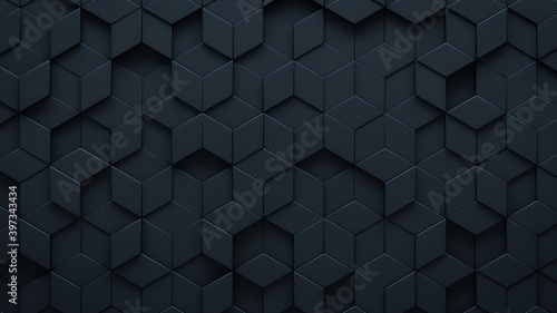 Futuristic, High Tech, dark background, with a diamond shape block structure. Wall texture with a 3D diamond tile pattern. 3D render photo