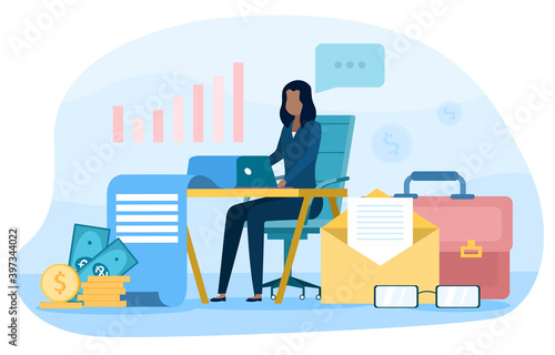 Accountant office manager. Professional bookkeeper. Abstract concept of tax calculating and financial analysis. Business character making financial operations. Cartoon flat vector illustration