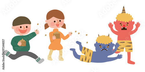 豆まきする子供たちと逃げる赤鬼青鬼