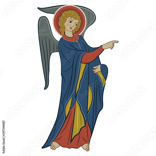 Standing medieval angel with pointing gesture. Isolated vector illustration.