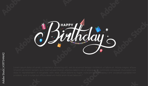 happy birthday typography white color vector design with birthday party element isolated on black background can be use for background, poster and template