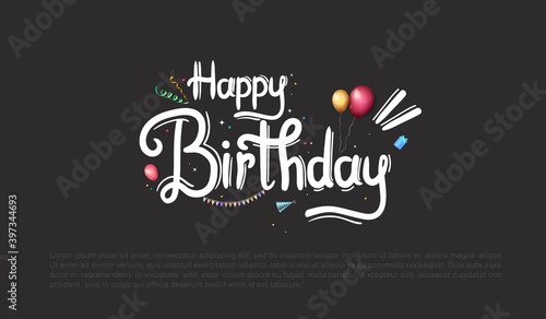 happy birthday typography white color vector design with birthday party element isolated on black background can be use for background, poster and template