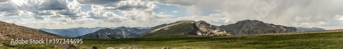 Panorama shot of green rocky hills with remnants of snow in Rocky mountains national park in america