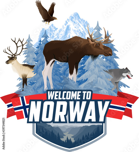 Vector Norway mountains forest emblem with moose, raindeer, wolf and  white-tailed eagle