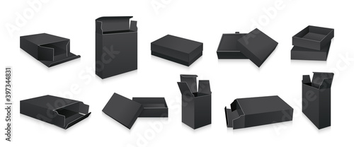 Gift template black box mockup 3D set. Product packaging boxes collection. Blank realistic opened paper package. Realistic cardboard with shadow for design, branding. Vector illustration