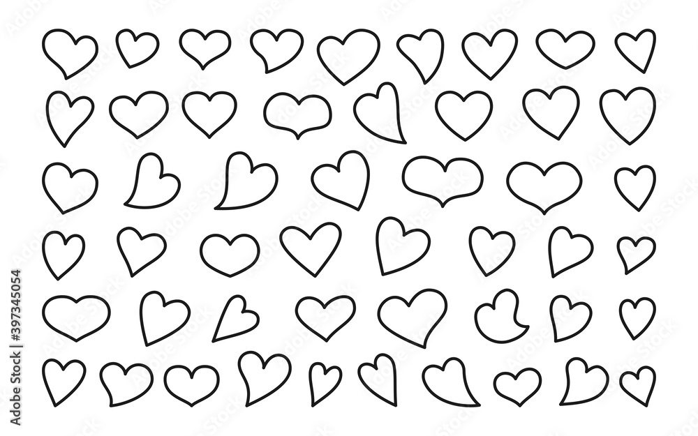 Heart black line different shape set. Love sign outline collection. Valentines day icon hearts. Romantic sketch vector illustration. For poster, wallpaper Valentines day, modern design