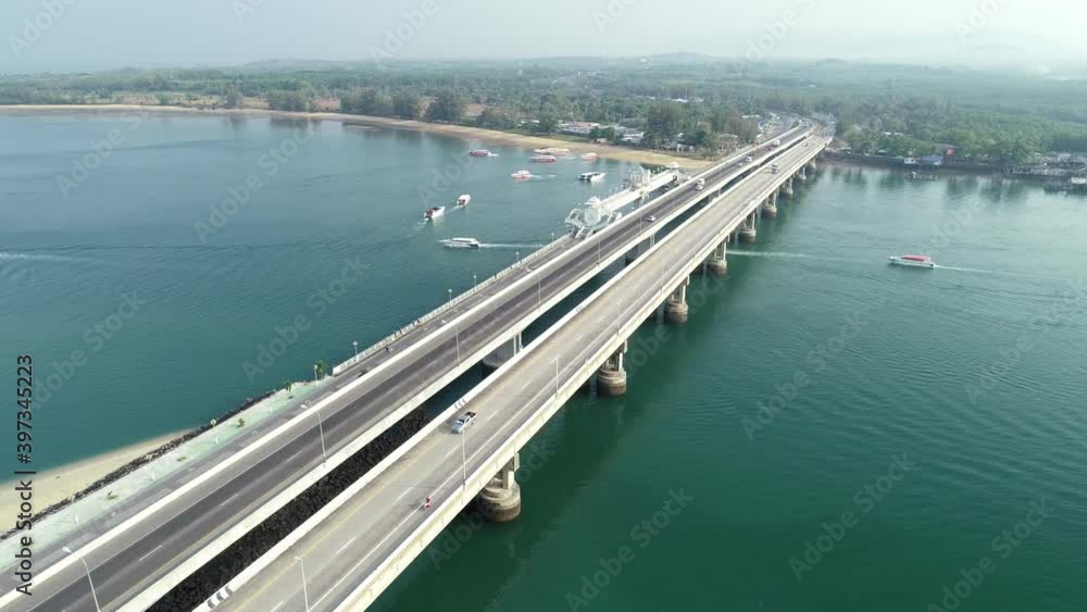 Aerial View Drone shot of sarasin bridge Phuket thailand transportation footage background and travel season concept Aerial View Drone shot of sarasin bridge Phuket thailand transportation footage background and travel season concept