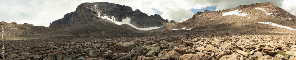 Panorama shot of Rocky Longs peak top with keyhole and clouds background in rocky moutains national park in america