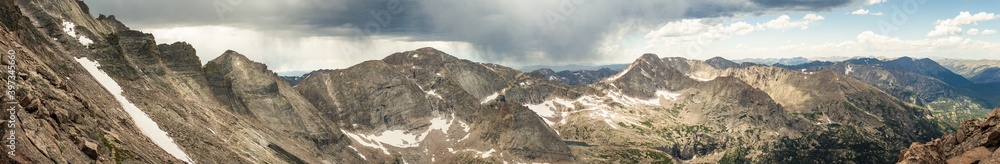 Panorama shot of rocky hills and storm clouds around Longs peak in rocky mountains national park in america