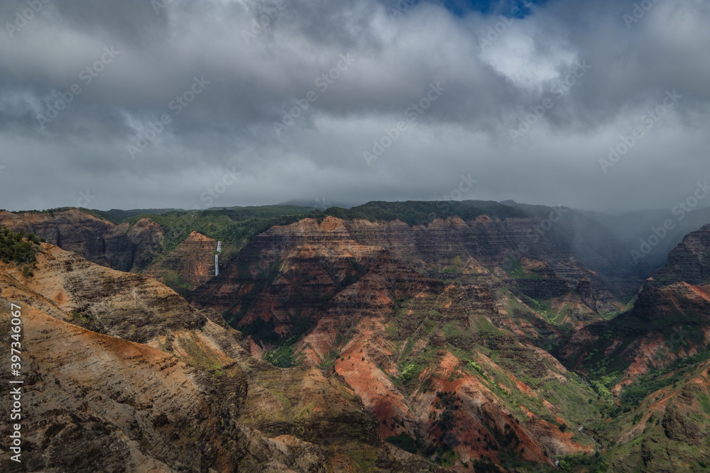 a rocky canyon with a cloudy sky with Waimea Canyon State Park in the background