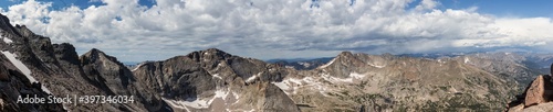 Panorama shot of rocky hills and storm clouds around Longs peak in rocky mountains national park in america