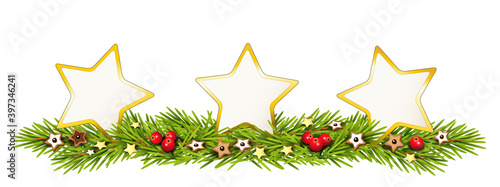 Drei goldene Sterne auf geschmückte Girlande aus Tannenzweige, 
Weihnachtskarte mit blanko Sterne,
Vektor Illustration isoliert auf weißem Hintergrund
