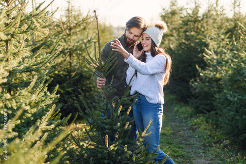 Good-looking contented young couple enjoy their fir tree selected at forestry during preparation for holidays.