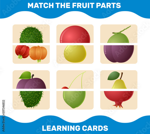 Match cartoon fruits parts. Matching game. Educational game for pre shool years kids and toddlers