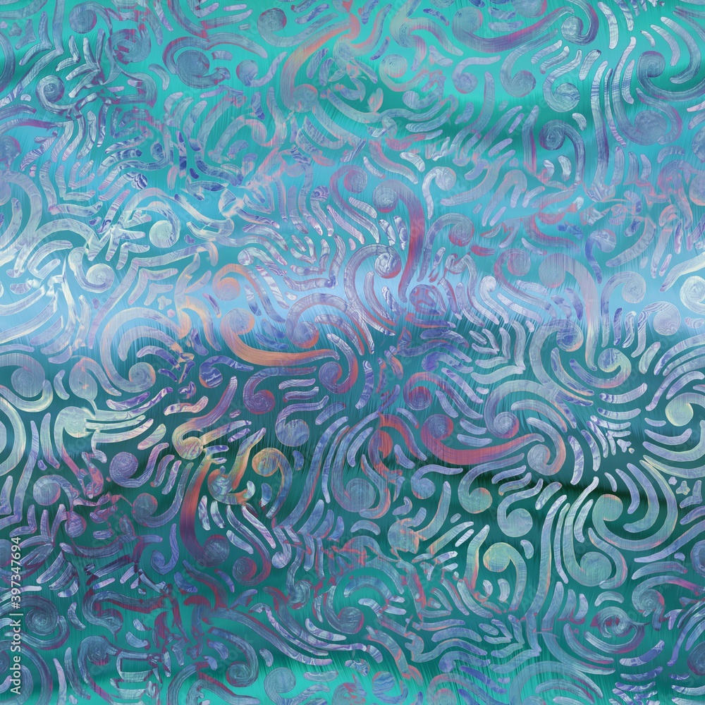 Fototapeta premium Shiny damask pattern on wavy satin like material. High quality illustration. Graceful smooth fluid background design with classic damask hand drawn pattern overlay. Vivid glowing trendy backdrop.