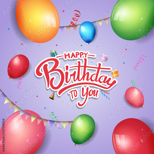 happy birthday vector design with balloons isolated on purple background for poster and party invitation