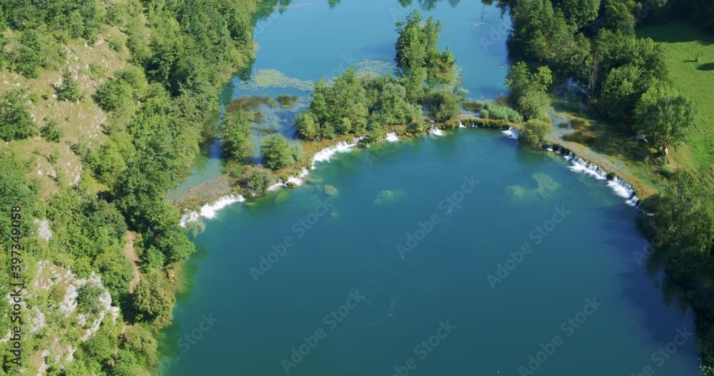 Aerial view of the waterfalls and tufa barriers on the Mreznica River, Croatia Aerial view of the waterfalls and tufa barriers on the Mreznica River, Croatia