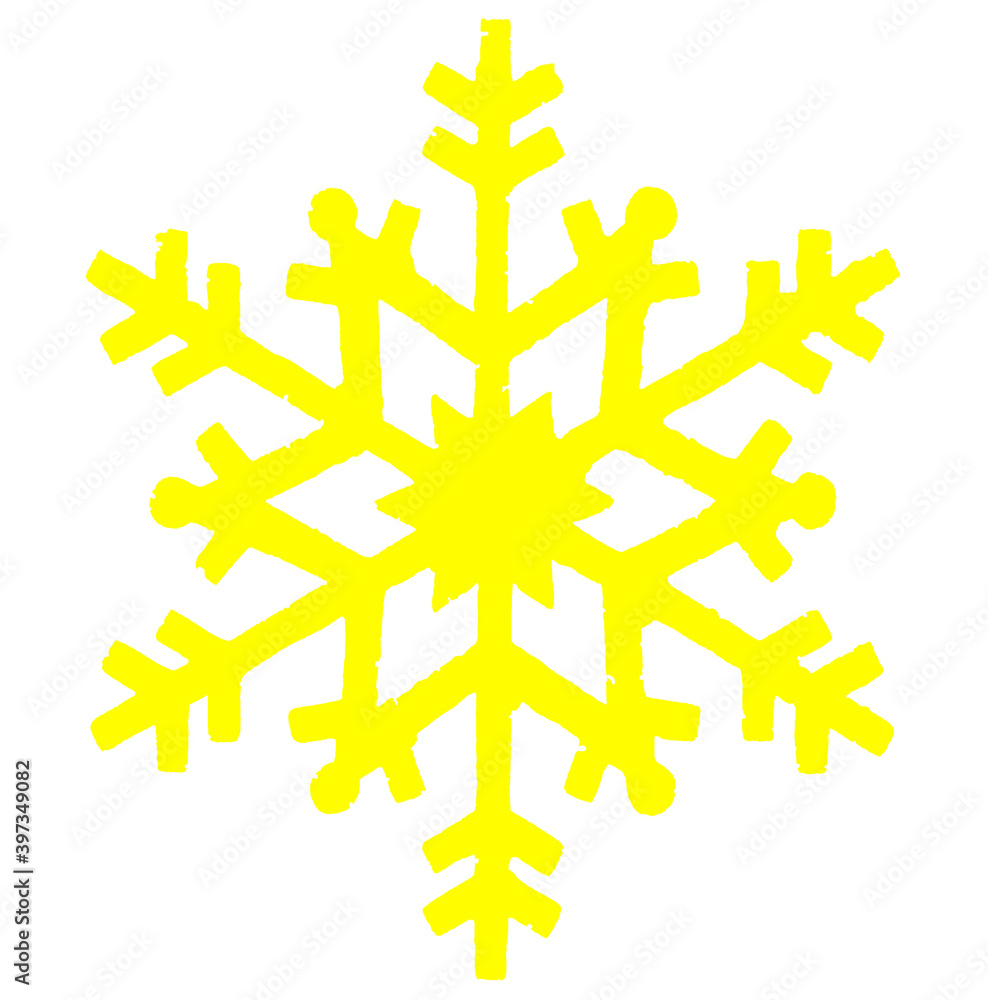 snow symbol and christmas symbol: stencil effect snow crystal design, with edges and irregular lines in some points the lines are cracked, missing. Yellow color for the holidays. weather news snow symbol and christmas symbol: stencil effect snow crystal design, with edges and irregular lines in some points the lines are cracked, missing. Yellow color for the holidays. weather news