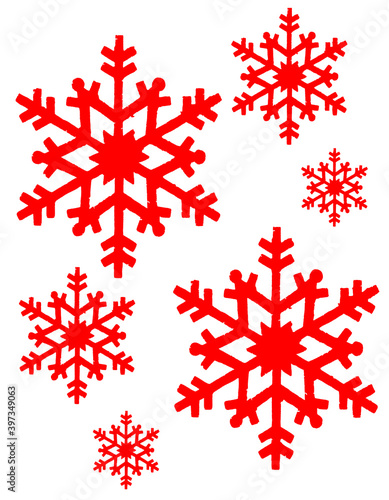 Snow, stencil effect snow crystals design, with edges and irregular lines in some points the lines are cracked, missing. Christmas red color.