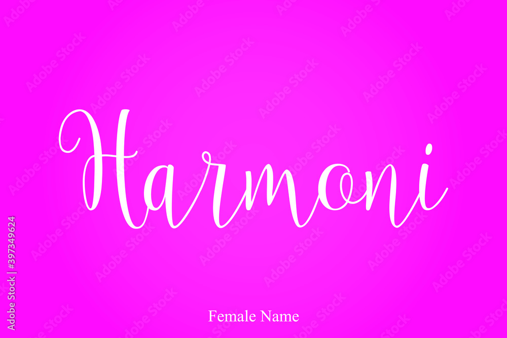 Harmoni. -Female Name Brush Calligraphy White Color Text On Pink Background