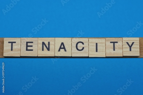 Slika na platnu gray word tenacity in small square wooden letters with black font on a blue back