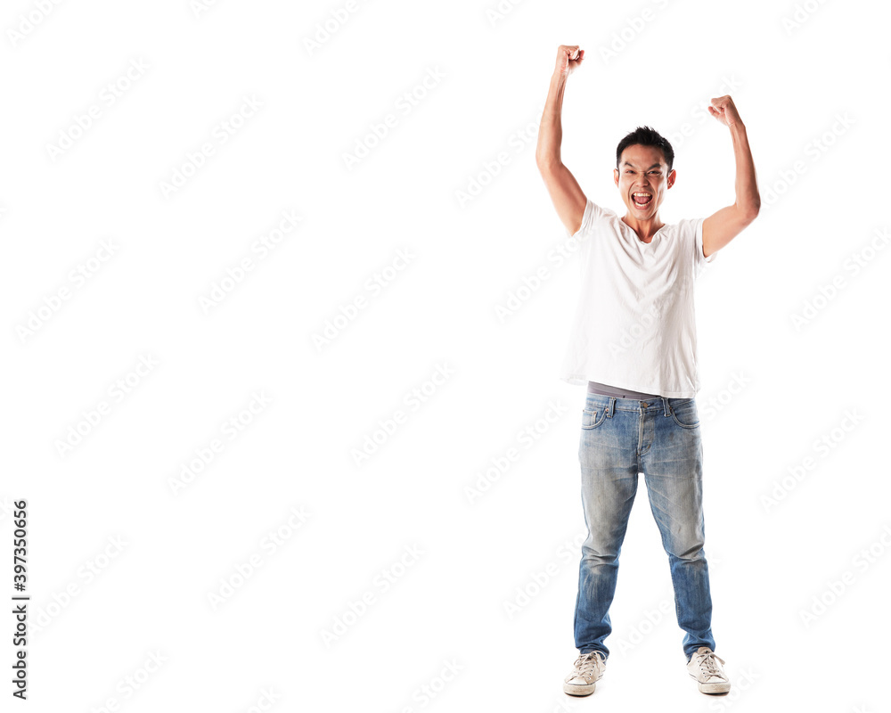 Happy Asian man cheering on white background Happy Asian man cheering on white background