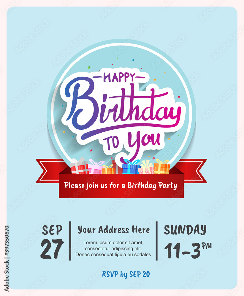 happy birthday invitation vector design with party element. balloons, glitter, gift box isolated on blue background. design can be use for celebration moment happy birthday invitation vector design with party element. balloons, glitter, gift box isolated on blue background. design can be use for celebration moment