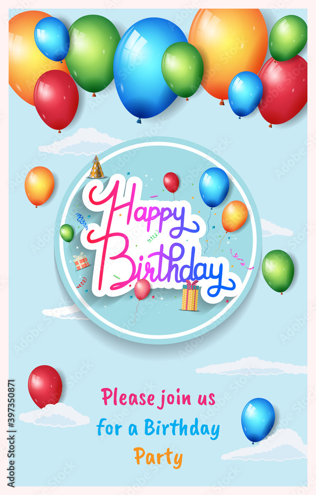 happy birthday vector design with circle, balloons, gift box isolated on blue background for poster and party invitation happy birthday vector design with circle, balloons, gift box isolated on blue background for poster and party invitation