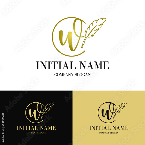 Luxury golden initial w letter with feather. Writing, art, copywrite business logo  concept